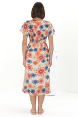 Aurelia Midi Dress - V Neckline Cap Sleeve Button Down A Line Dress in Mariela Print