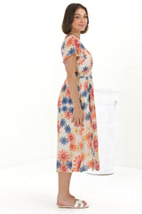 Aurelia Midi Dress - V Neckline Cap Sleeve Button Down A Line Dress in Mariela Print