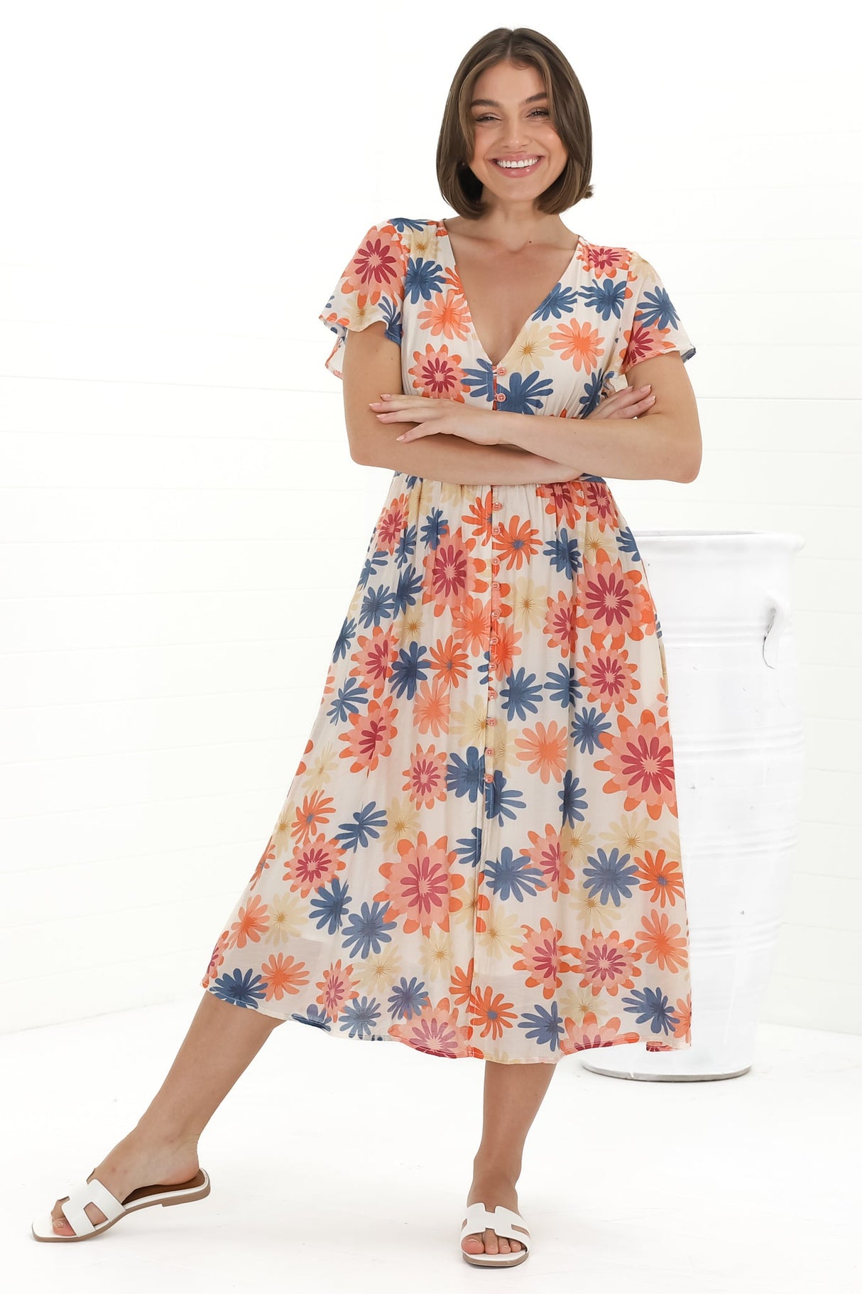 Aurelia Midi Dress - V Neckline Cap Sleeve Button Down A Line Dress in Mariela Print