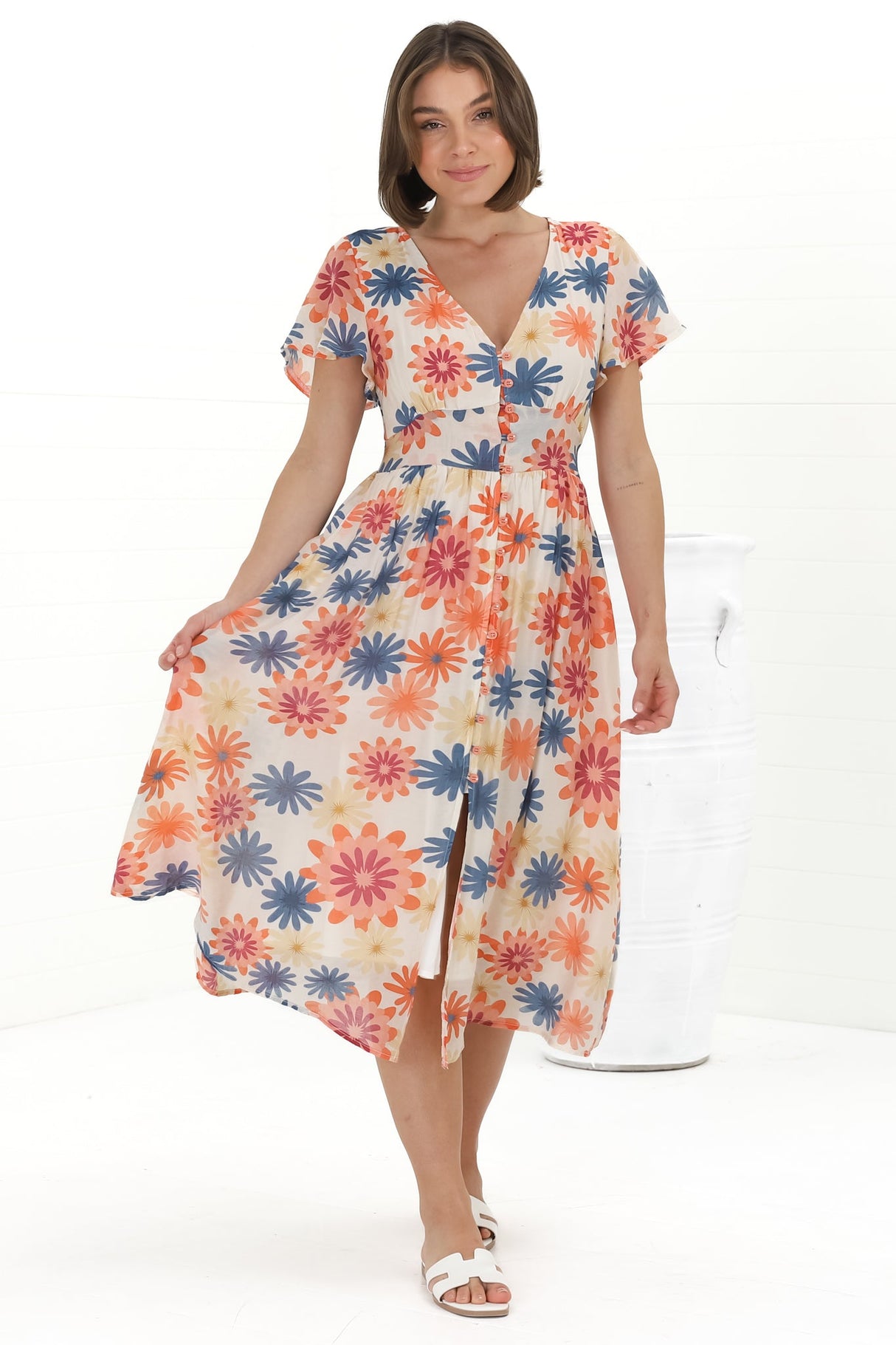 Aurelia Midi Dress - V Neckline Cap Sleeve Button Down A Line Dress in Mariela Print