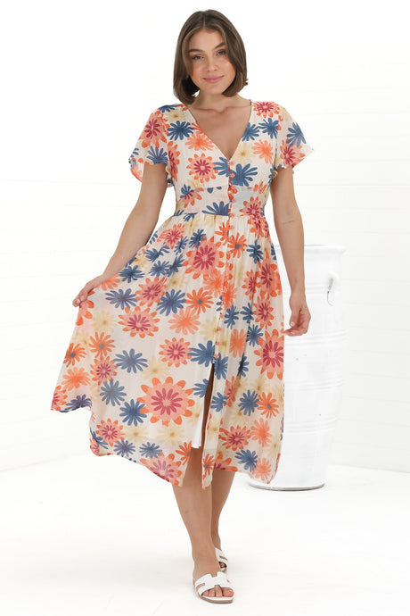 Aurelia Midi Dress - V Neckline Cap Sleeve Button Down A Line Dress in Mariela Print