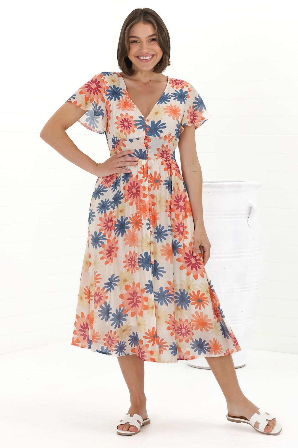 Aurelia Midi Dress - V Neckline Cap Sleeve Button Down A Line Dress in Mariela Print