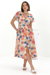 Aurelia Midi Dress - V Neckline Cap Sleeve Button Down A Line Dress in Mariela Print