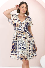 Aurelia Mini Dress - Button-Down Flutter Sleeve Dress in Alphy Print