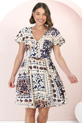 Aurelia Mini Dress - Button-Down Flutter Sleeve Dress in Alphy Print