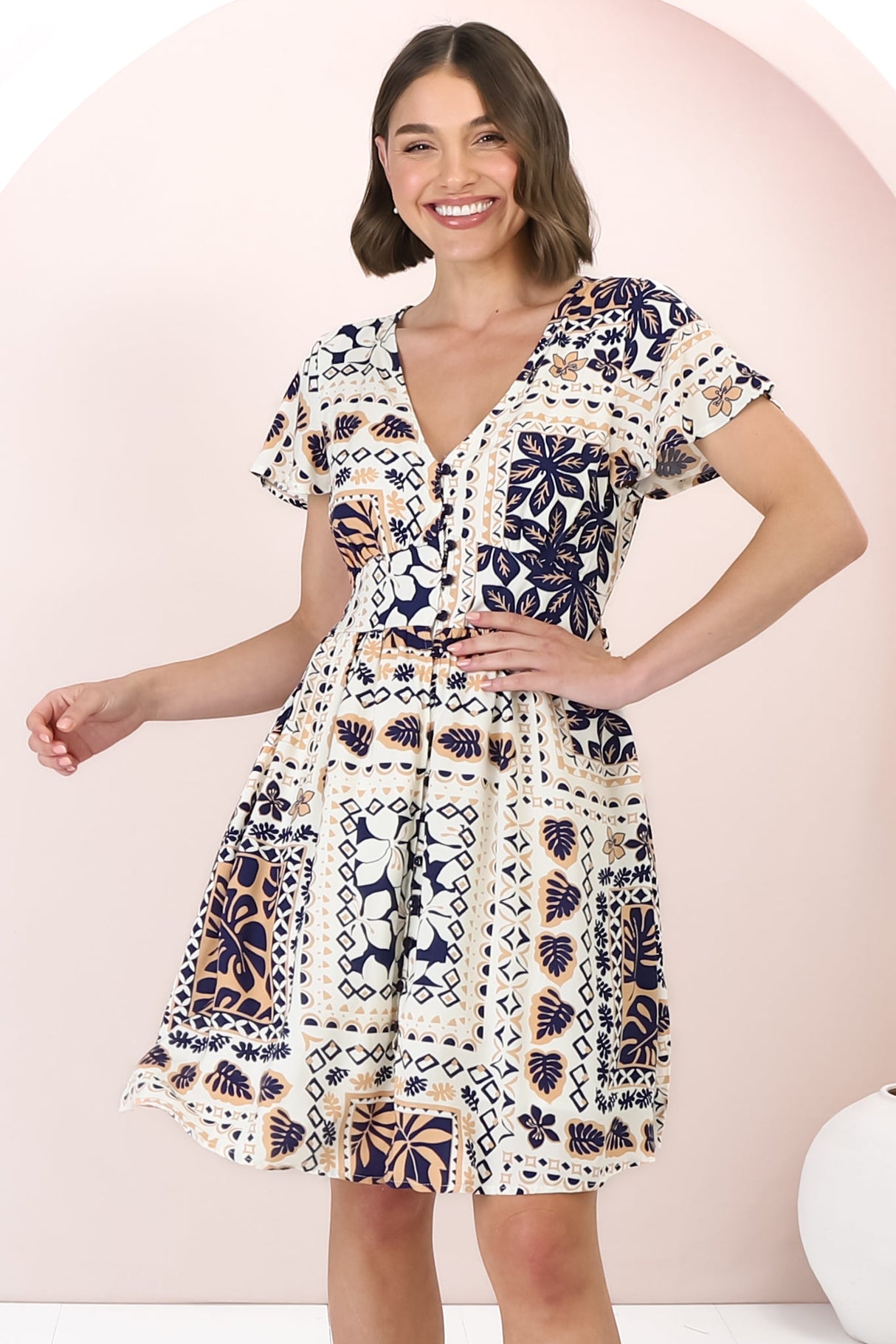 Aurelia Mini Dress - Button-Down Flutter Sleeve Dress in Alphy Print