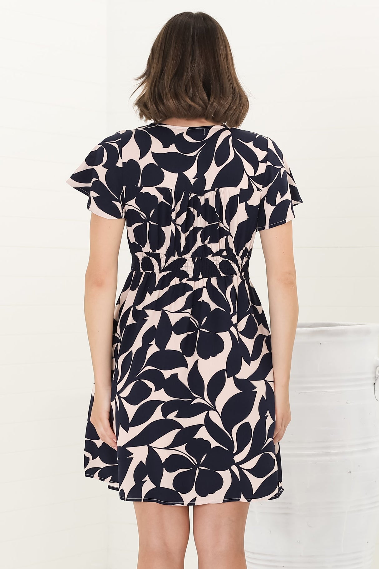 Aurelia Mini Dress - Button-Down Flutter Sleeve Dress in Kiera Print Navy