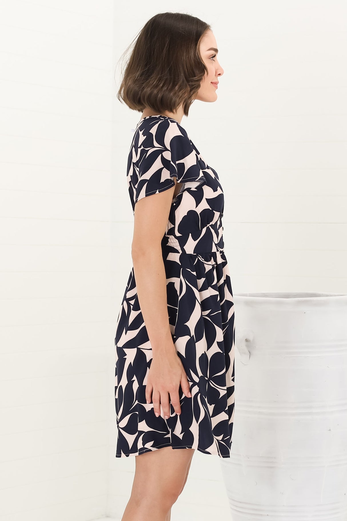 Aurelia Mini Dress - Button-Down Flutter Sleeve Dress in Kiera Print Navy