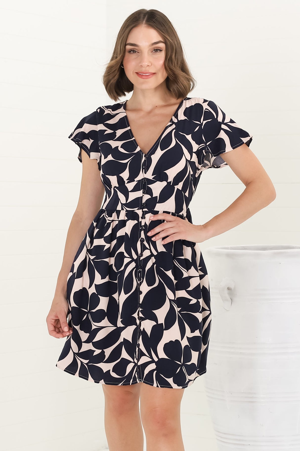 Aurelia Mini Dress - Button-Down Flutter Sleeve Dress in Kiera Print Navy