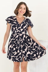 Aurelia Mini Dress - Button-Down Flutter Sleeve Dress in Kiera Print Navy