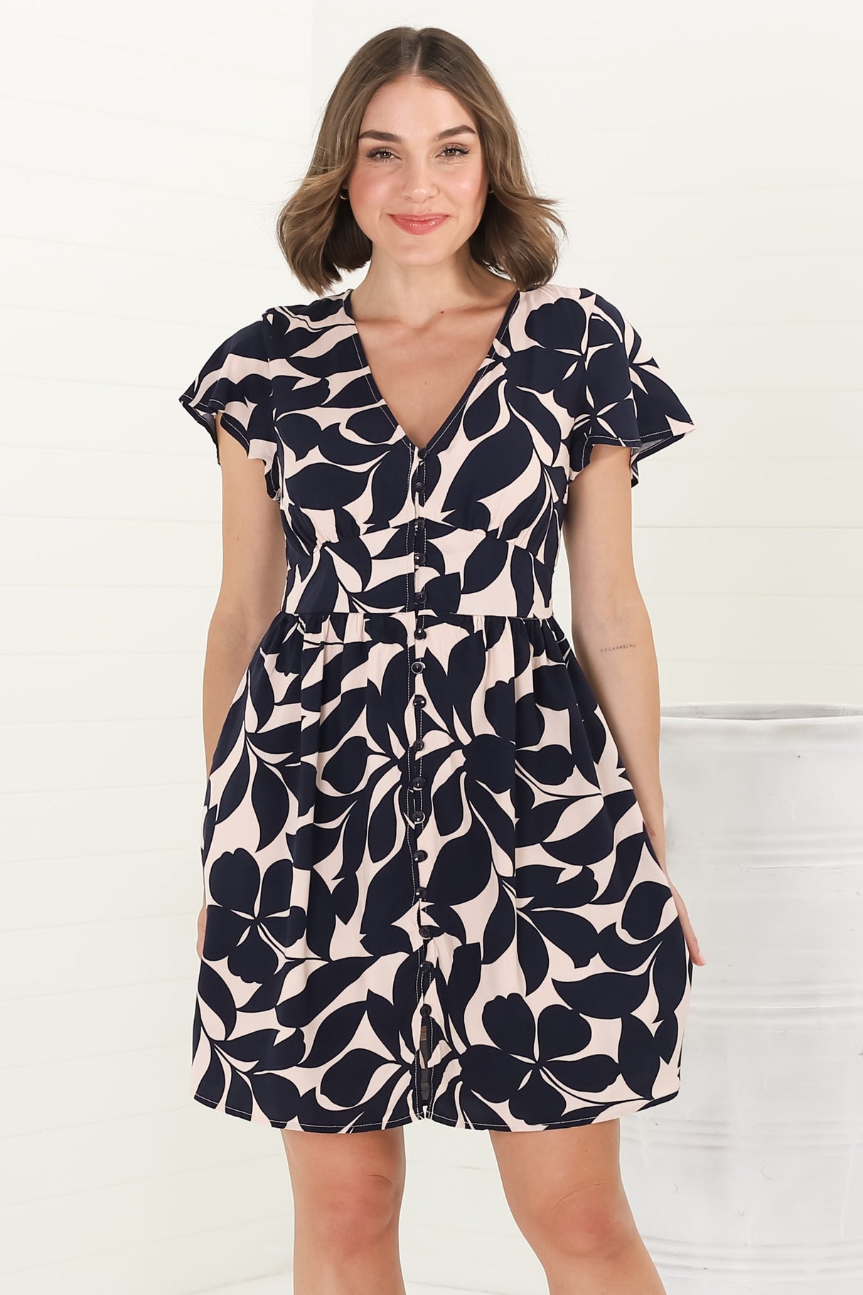 Aurelia Mini Dress - Button-Down Flutter Sleeve Dress in Kiera Print Navy