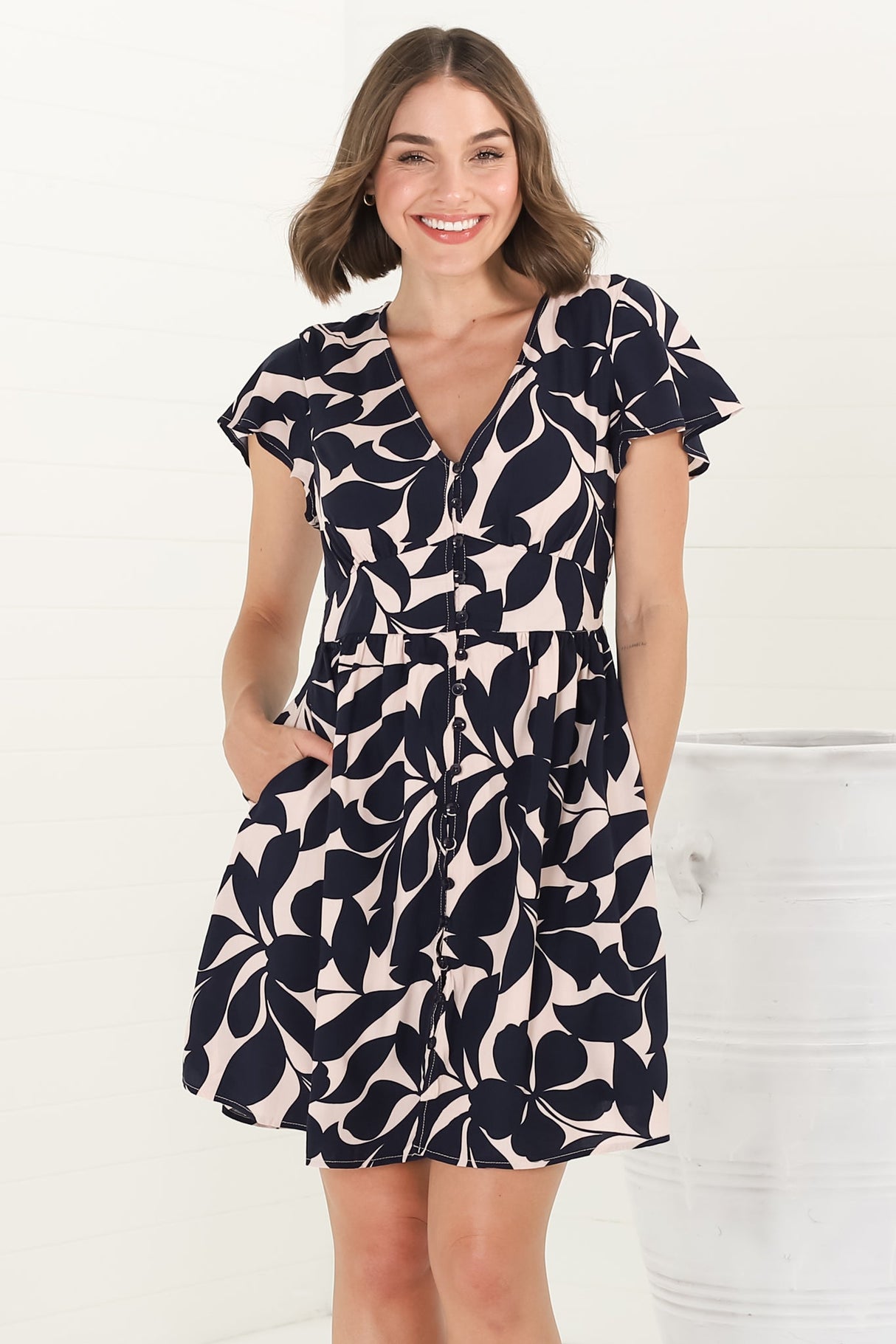 Aurelia Mini Dress - Button-Down Flutter Sleeve Dress in Kiera Print Navy