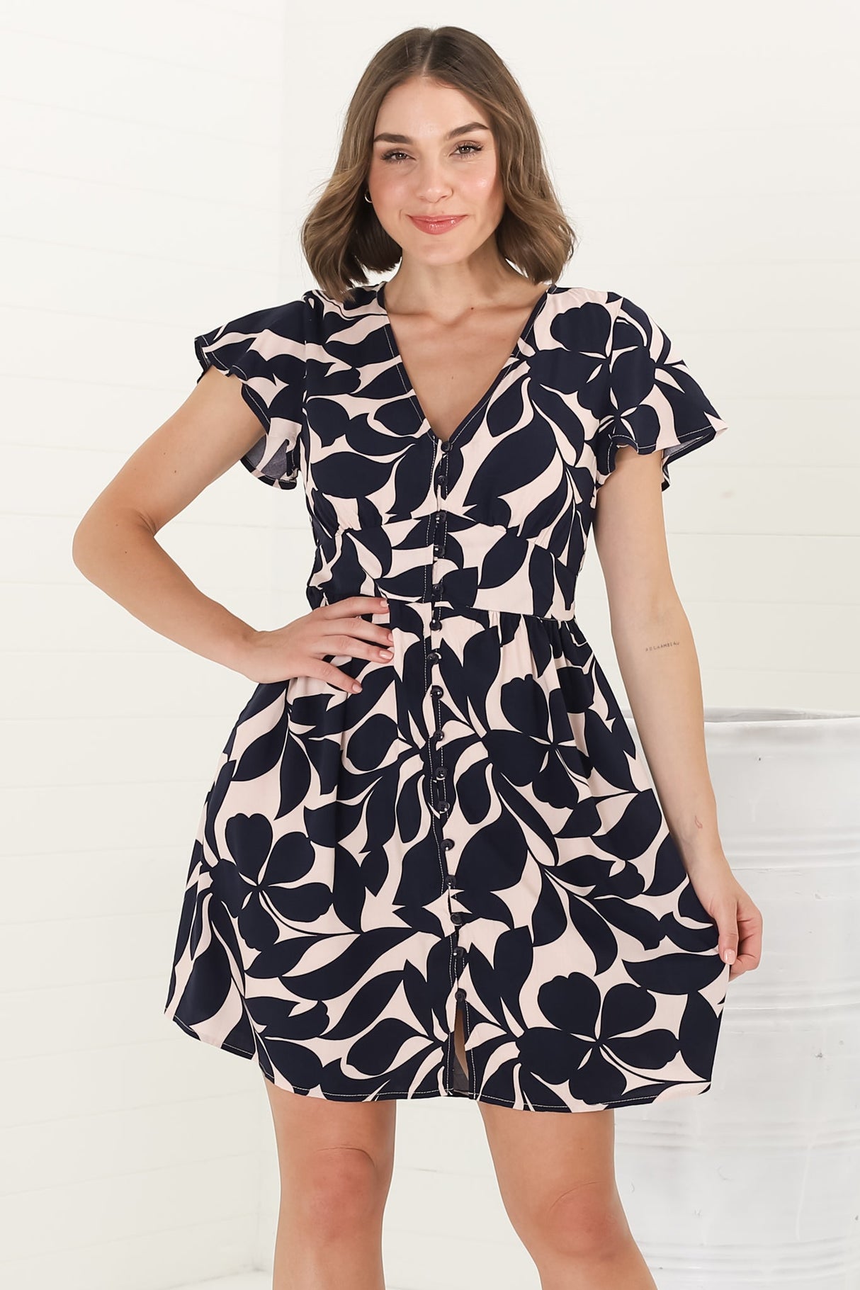 Aurelia Mini Dress - Button-Down Flutter Sleeve Dress in Kiera Print Navy