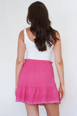Ava Mini Skirt - High Waisted Pleat Detailed Lace Trim Skirt in Hot Pink