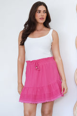 Ava Mini Skirt - High Waisted Pleat Detailed Lace Trim Skirt in Hot Pink