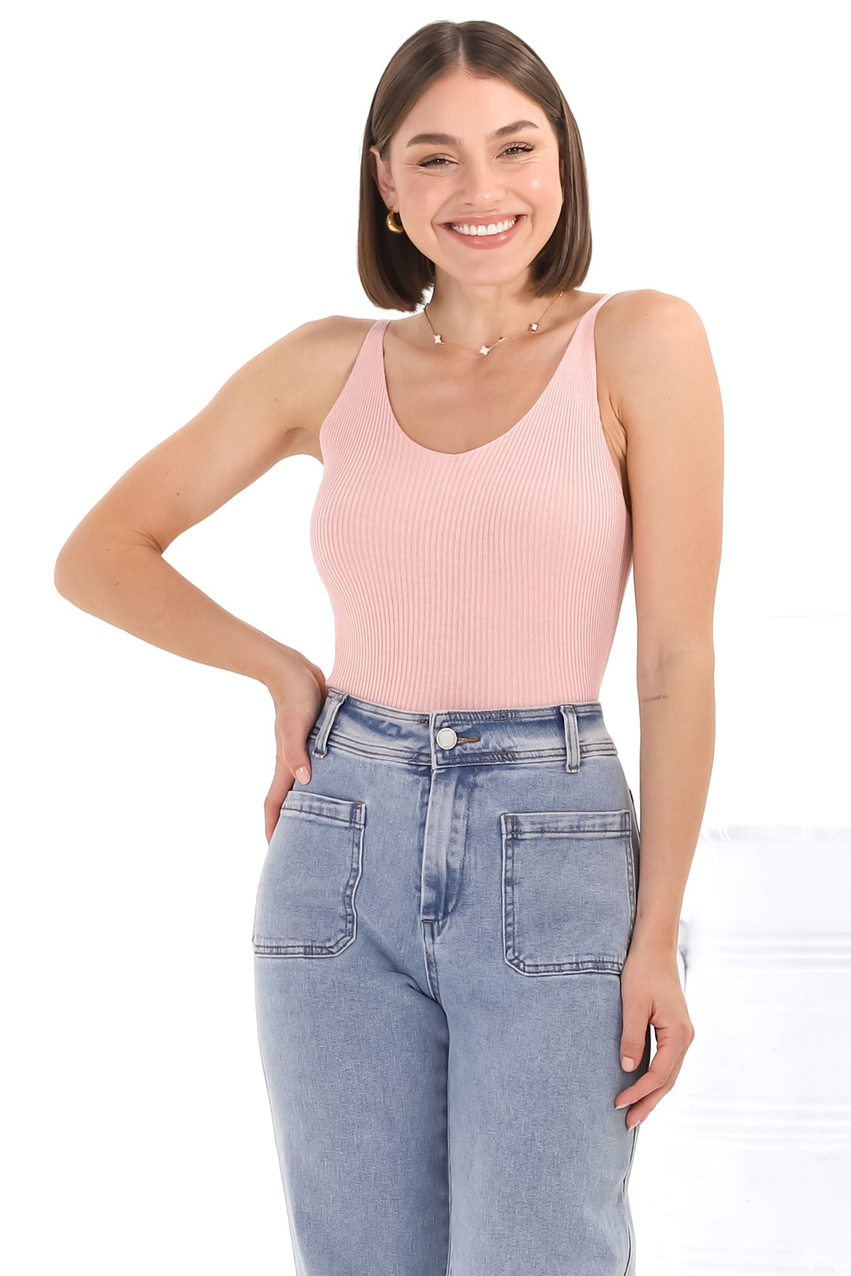 Ava Cami - Soft V Neck Ribbed Cami in Blush