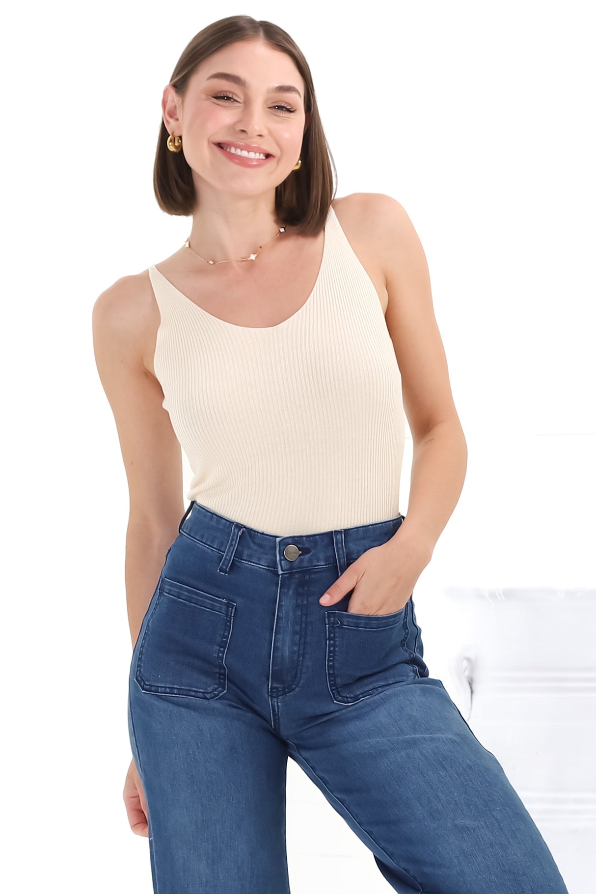 Ava Cami - Soft V Neck Ribbed Cami in Cream