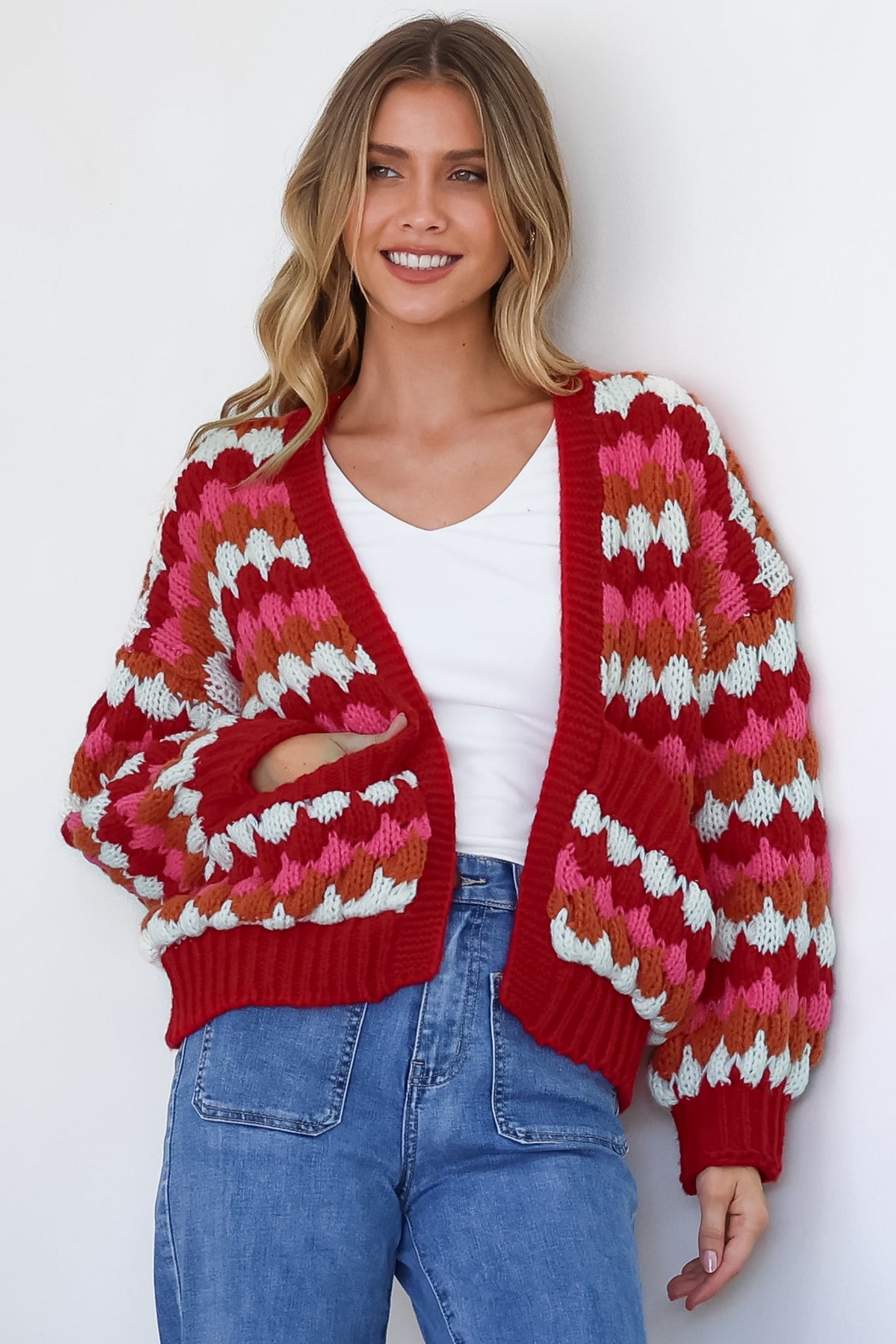 Avery Cardigan - Open Front Bubble Knit with Pockets in Red Multi