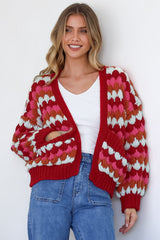 Avery Cardigan - Open Front Bubble Knit with Pockets in Red Multi