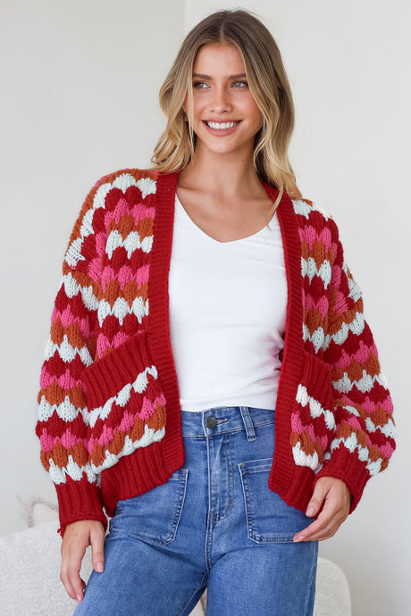 Avery Cardigan - Open Front Bubble Knit with Pockets in Red Multi