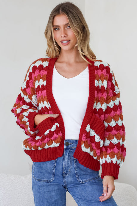 Model wearing Avery Cardigan in Red Multi from Salty Crush