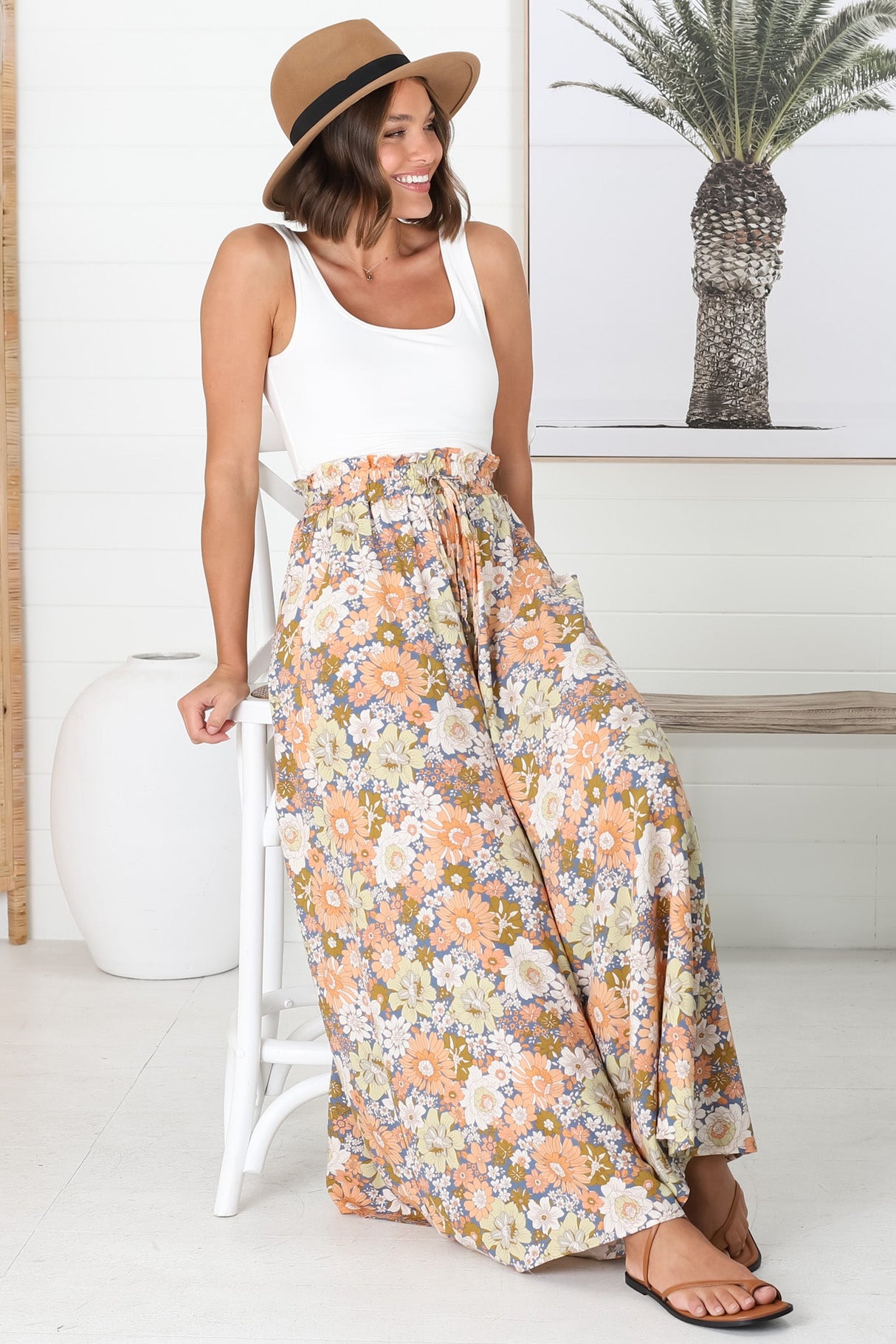 Avianna Pants - Paper Bag High Waisted Wide Leg Pants in Floral Print