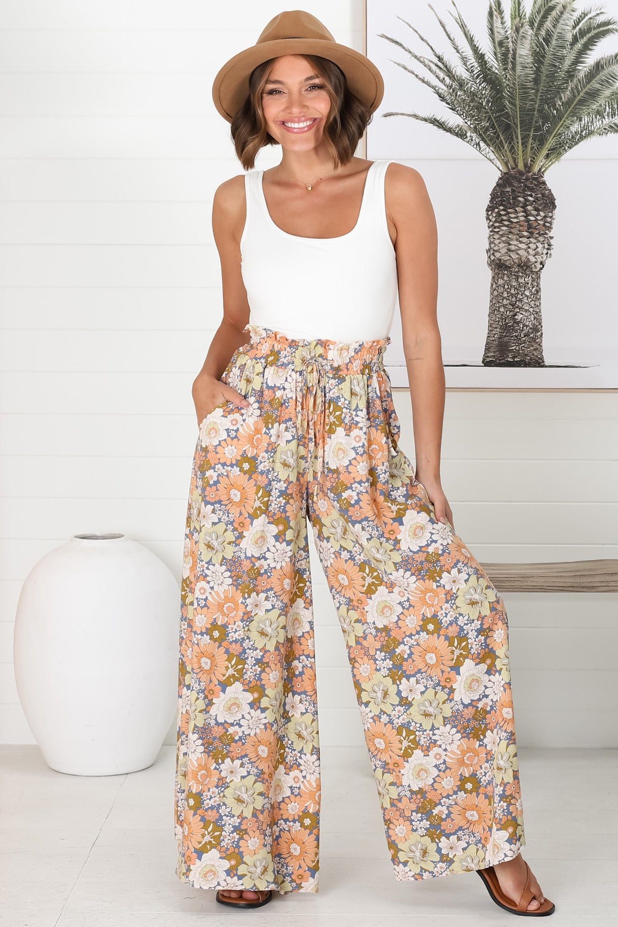 Avianna Pants - Paper Bag High Waisted Wide Leg Pants in Floral Print