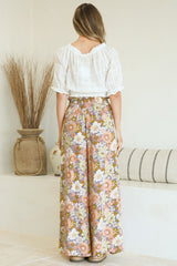 Avianna Pants - Paper Bag High Waisted Wide Leg Pants in Floral Print