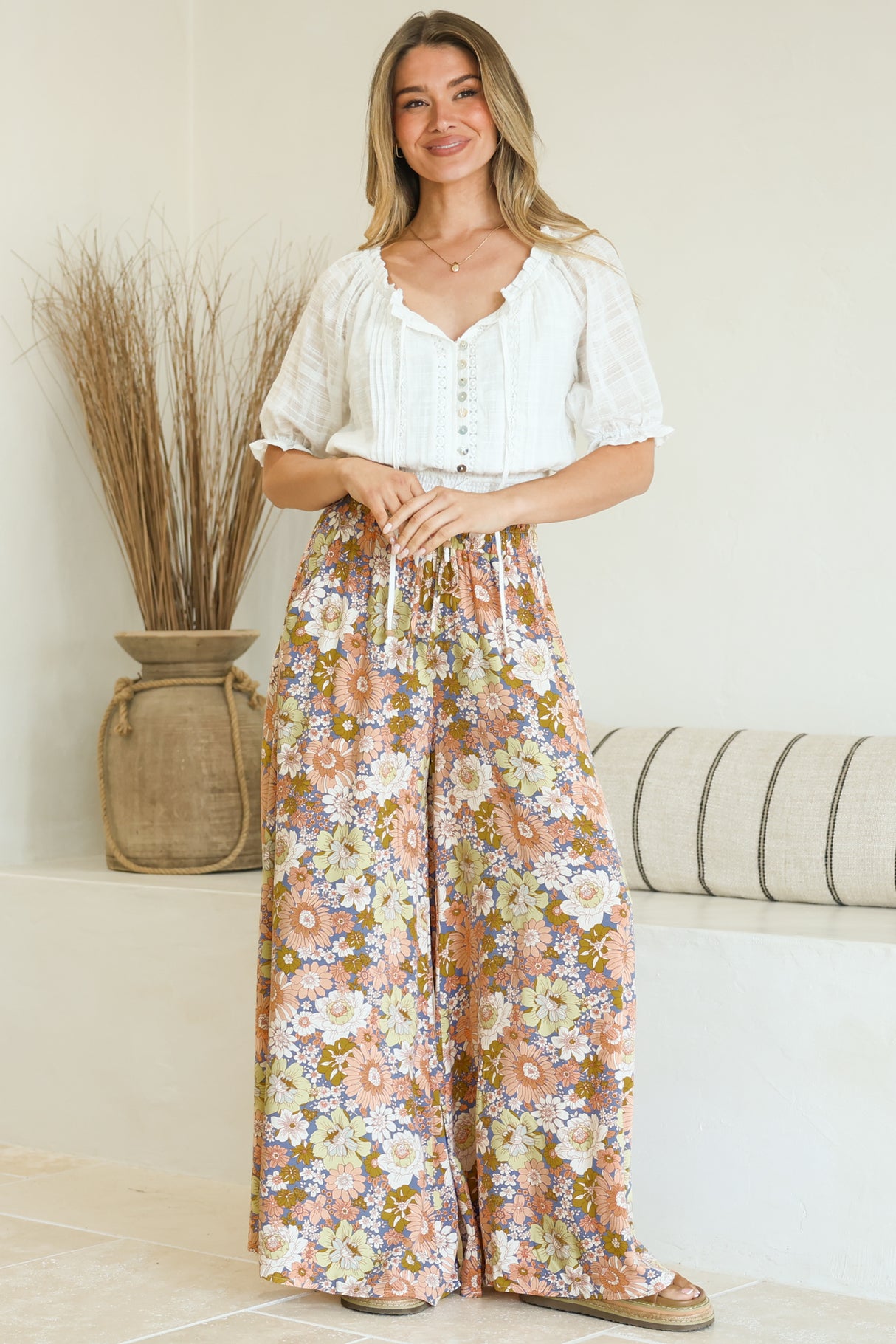 Avianna Pants - Paper Bag High Waisted Wide Leg Pants in Floral Print