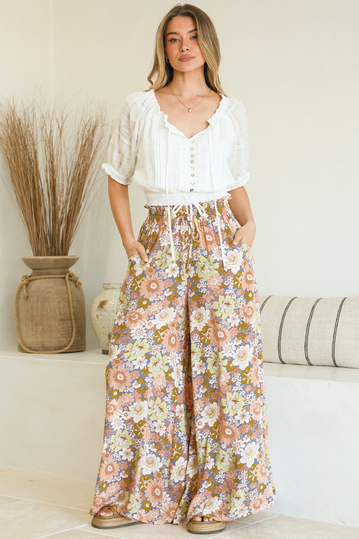 Avianna Pants - Paper Bag High Waisted Wide Leg Pants in Floral Print