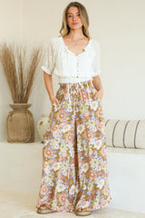Avianna Pants - Paper Bag High Waisted Wide Leg Pants in Floral Print