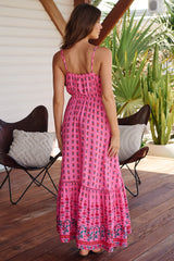 JAASE - Avila Maxi Dress: V Neck Spaghetti Strap Sun Dress with Lace Splicing in Raspberry Romance Print