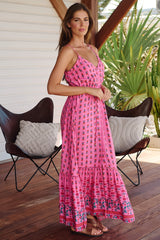 JAASE - Avila Maxi Dress: V Neck Spaghetti Strap Sun Dress with Lace Splicing in Raspberry Romance Print