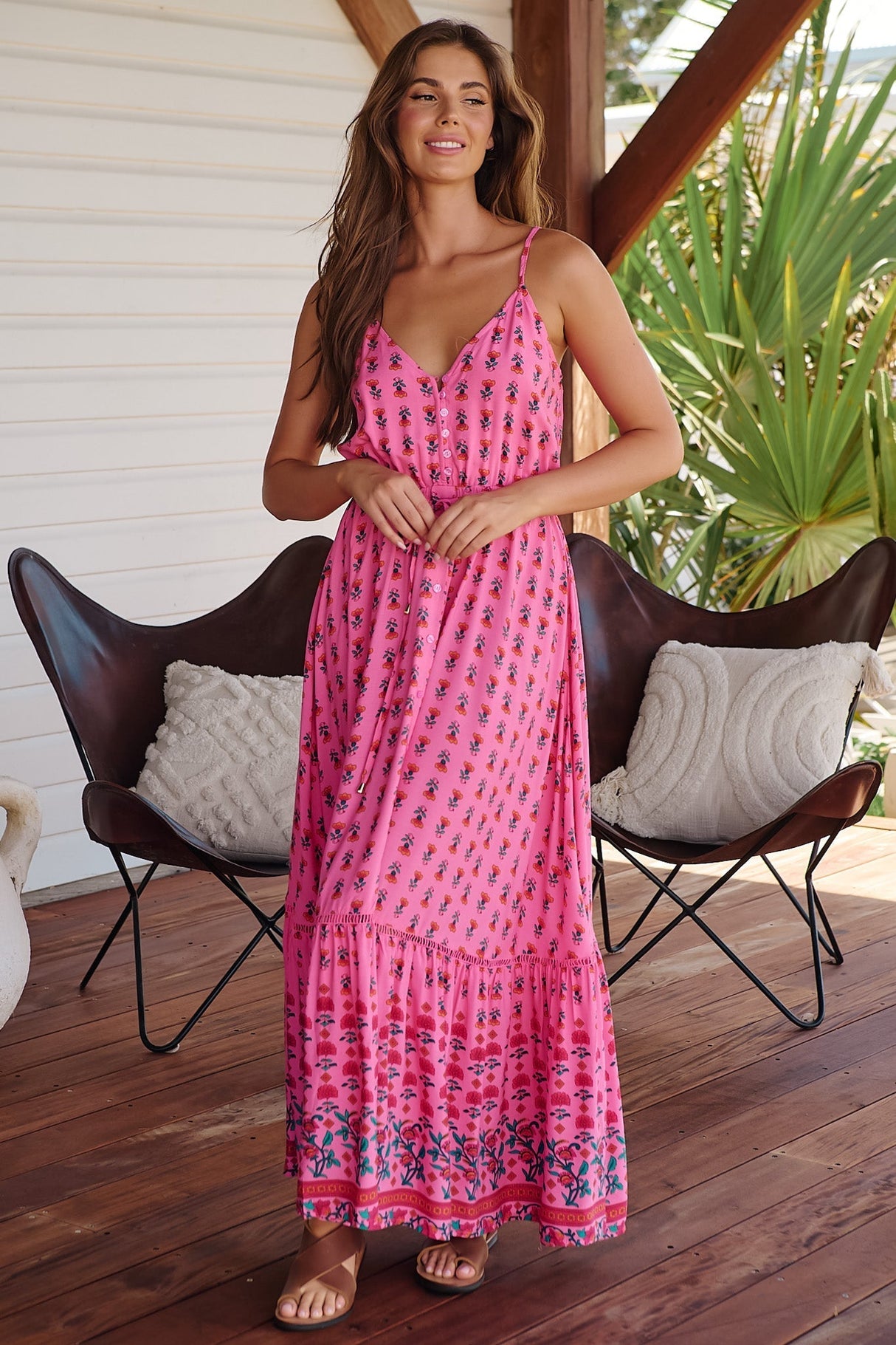 JAASE - Avila Maxi Dress: V Neck Spaghetti Strap Sun Dress with Lace Splicing in Raspberry Romance Print