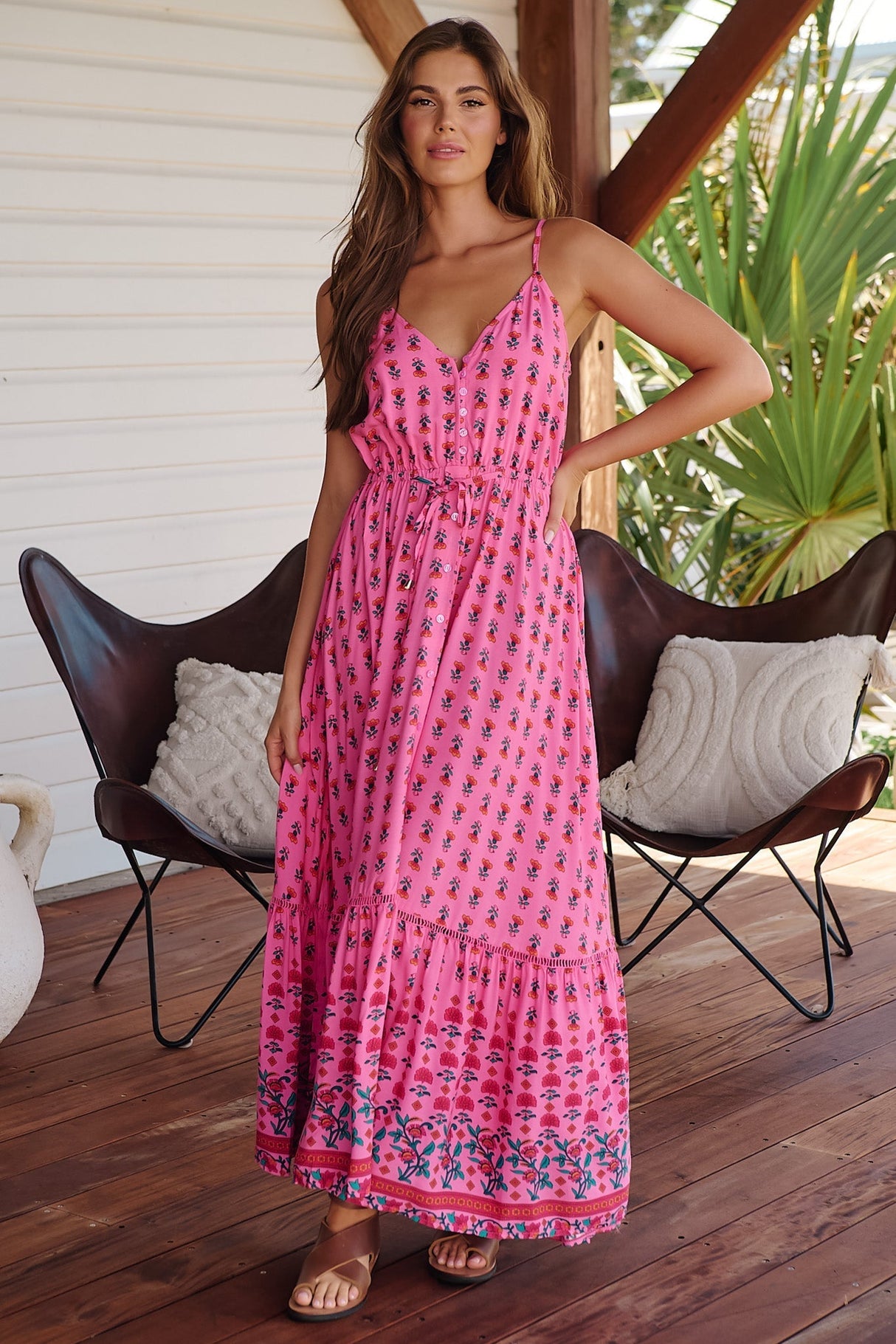 JAASE - Avila Maxi Dress: V Neck Spaghetti Strap Sun Dress with Lace Splicing in Raspberry Romance Print