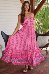 JAASE - Avila Maxi Dress: V Neck Spaghetti Strap Sun Dress with Lace Splicing in Raspberry Romance Print