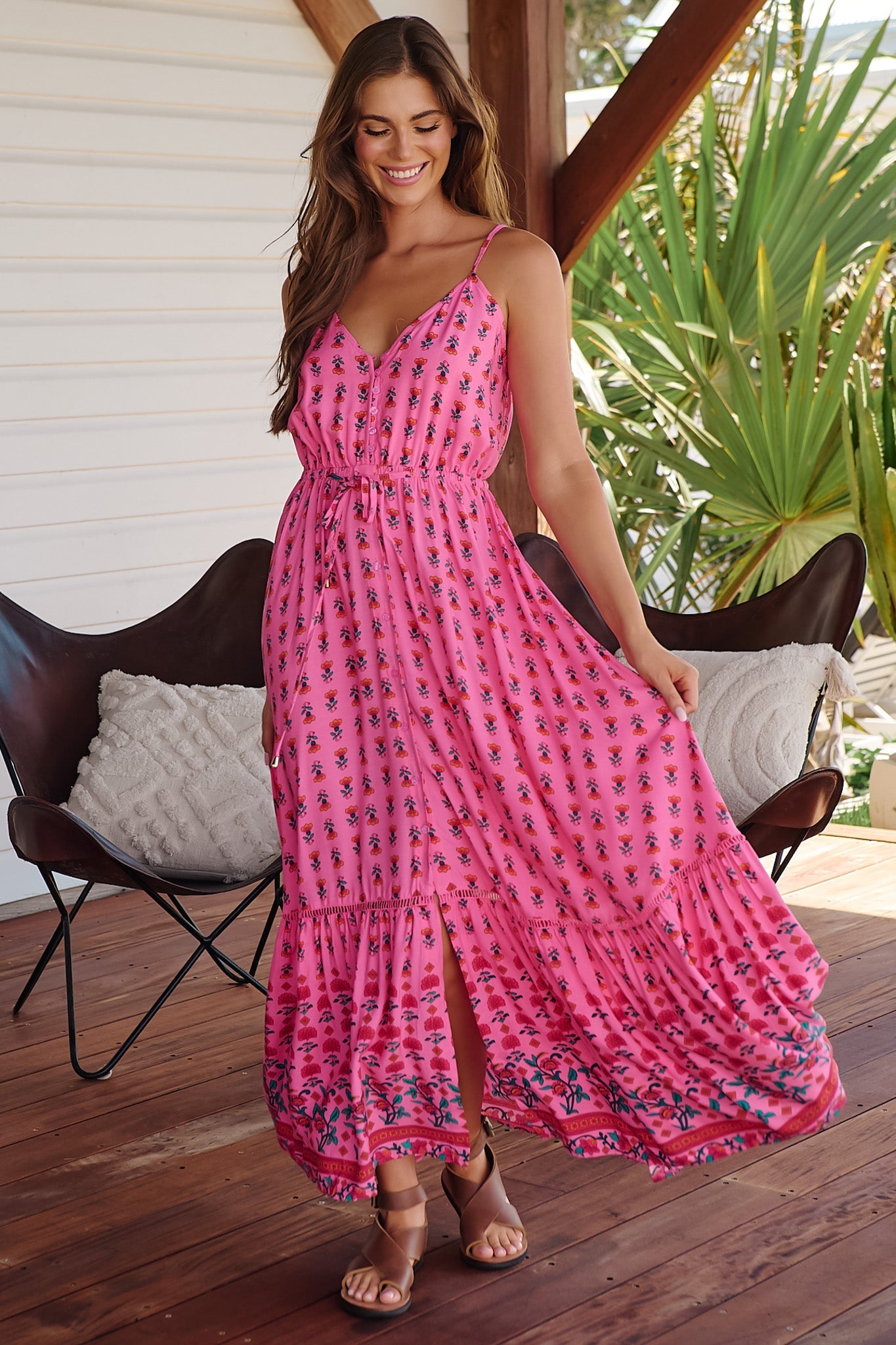 JAASE - Avila Maxi Dress: V Neck Spaghetti Strap Sun Dress with Lace Splicing in Raspberry Romance Print