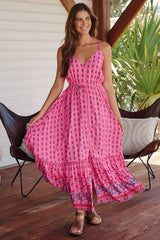 JAASE - Avila Maxi Dress: V Neck Spaghetti Strap Sun Dress with Lace Splicing in Raspberry Romance Print