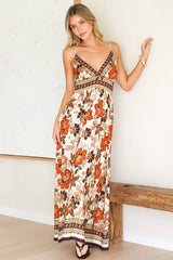 Aviva Maxi Dress - V Neck Smocked Bodice A-Line Dress with Adjustable Straps in Peonia Print