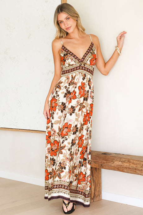 Aviva Maxi Dress - V Neck Smocked Bodice A-Line Dress with Adjustable Straps in Peonia Print