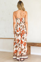 Aviva Maxi Dress - V Neck Smocked Bodice A-Line Dress with Adjustable Straps in Peonia Print