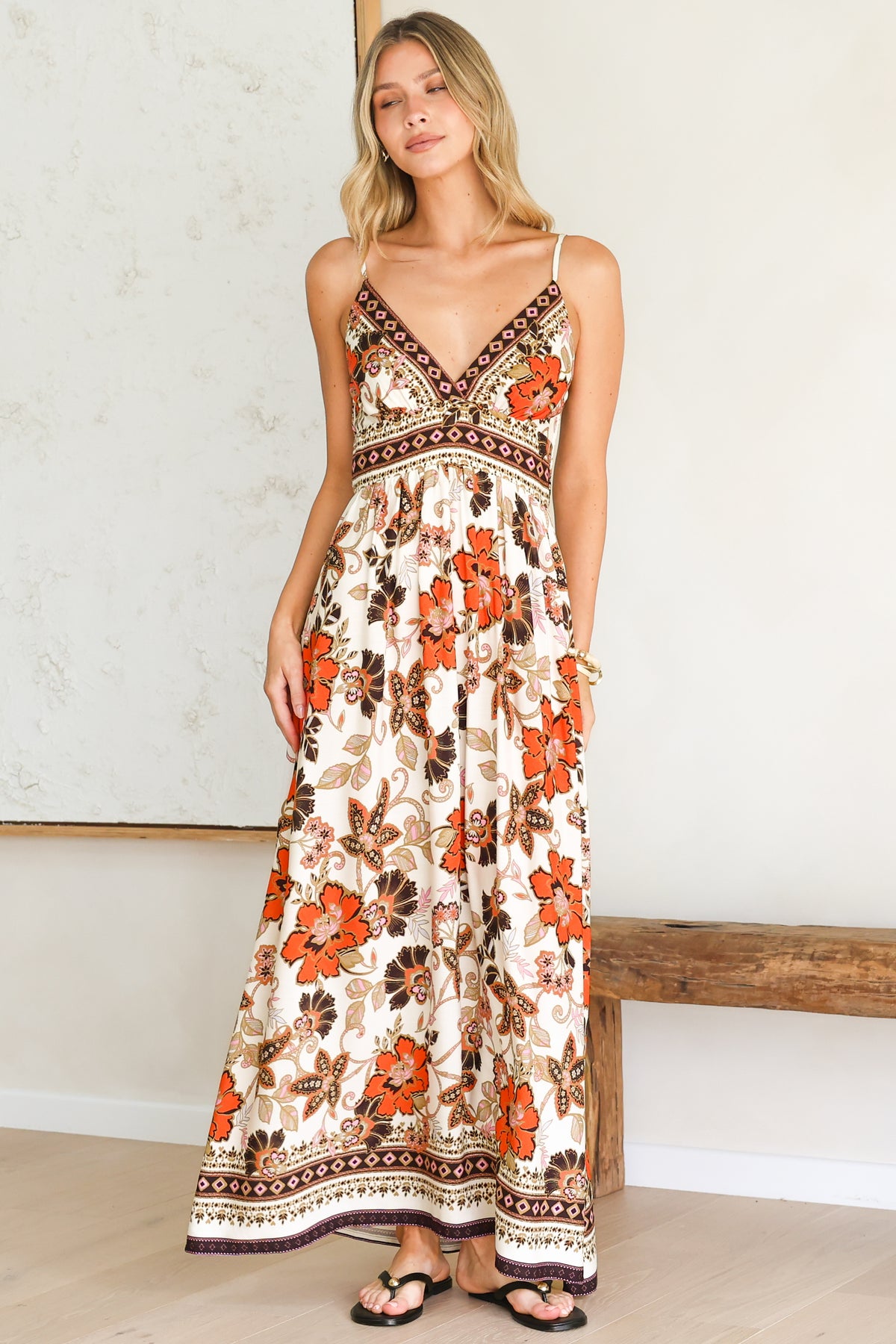 Aviva Maxi Dress - V Neck Smocked Bodice A-Line Dress with Adjustable Straps in Peonia Print