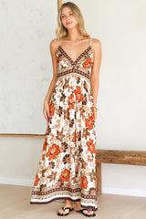 Aviva Maxi Dress - V Neck Smocked Bodice A-Line Dress with Adjustable Straps in Peonia Print
