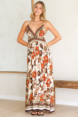 Aviva Maxi Dress - V Neck Smocked Bodice A-Line Dress with Adjustable Straps in Peonia Print