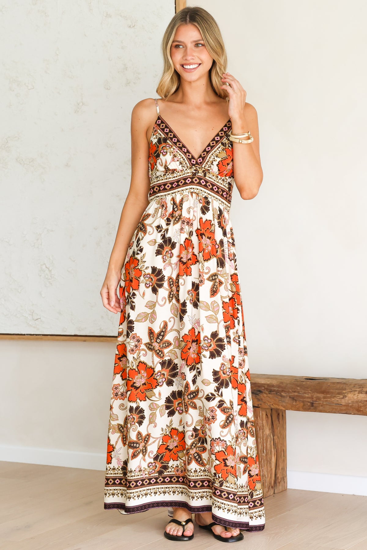 Aviva Maxi Dress - V Neck Smocked Bodice A-Line Dress with Adjustable Straps in Peonia Print