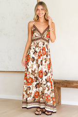 Aviva Maxi Dress - V Neck Smocked Bodice A-Line Dress with Adjustable Straps in Peonia Print