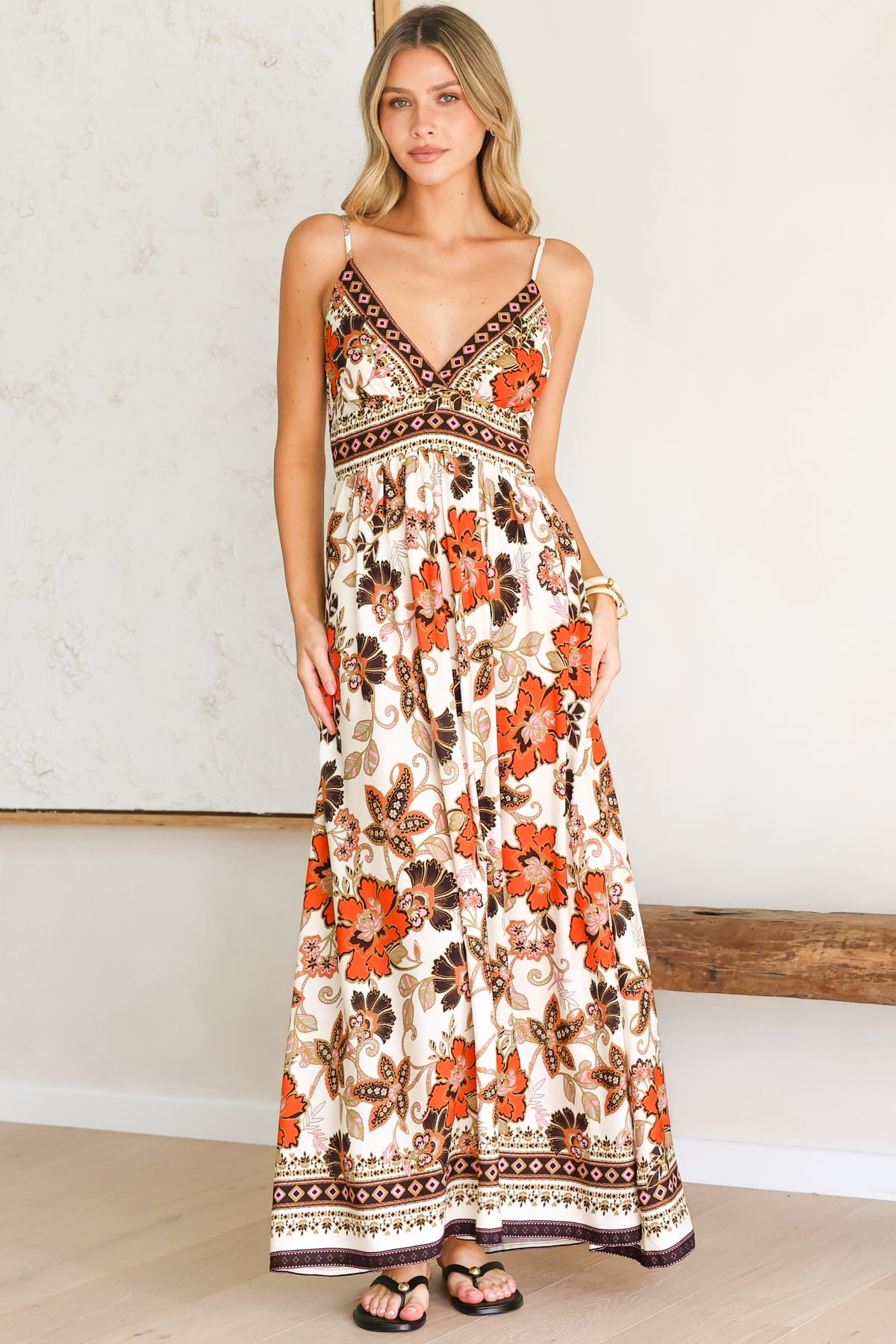 Aviva Maxi Dress - V Neck Smocked Bodice A-Line Dress with Adjustable Straps in Peonia Print