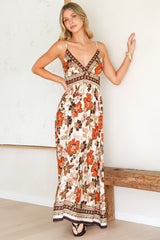 Aviva Maxi Dress - V Neck Smocked Bodice A-Line Dress with Adjustable Straps in Peonia Print