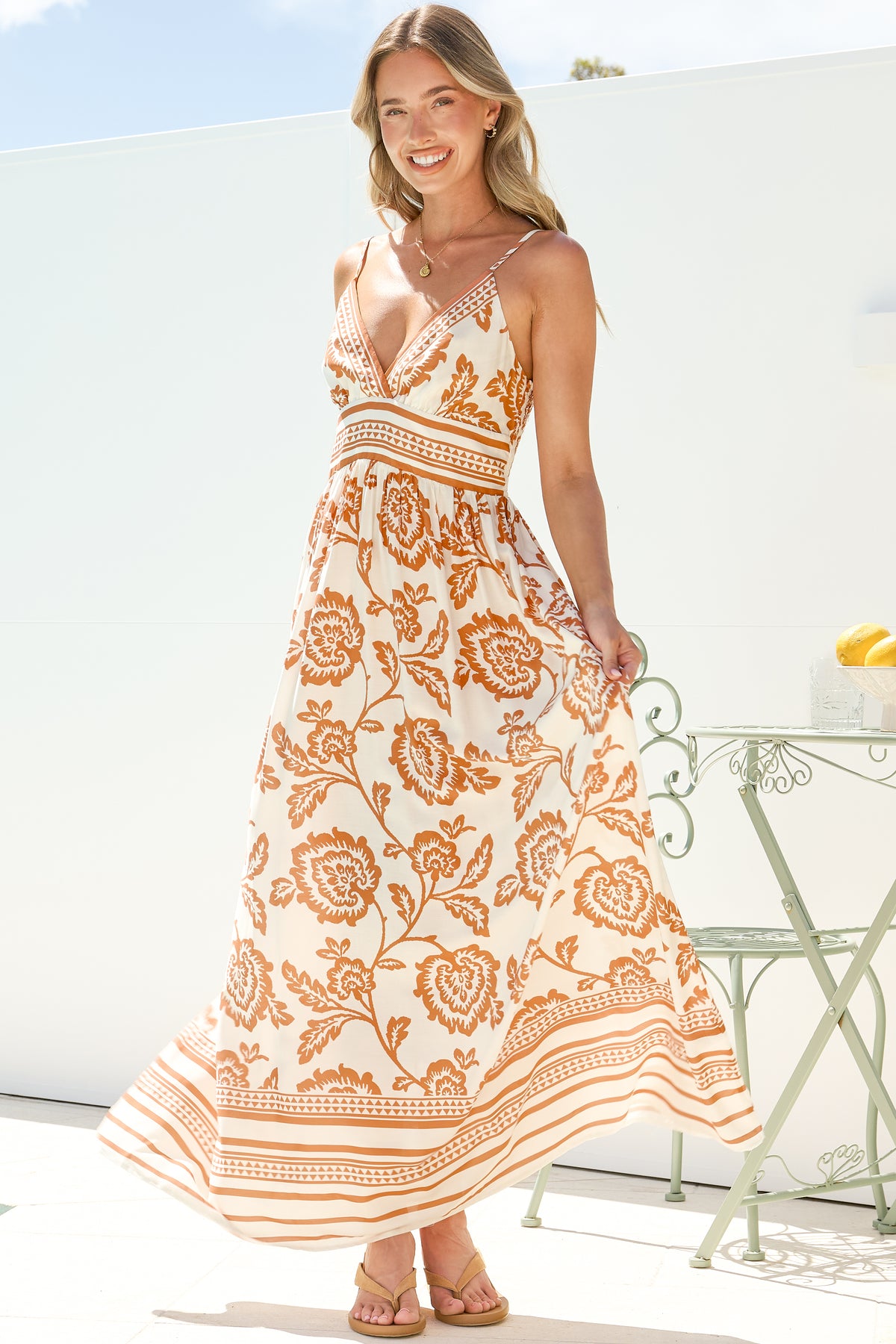 Aviva Maxi Dress - V Neck Smocked Bodice A-Line Dress with Adjustable Straps in Tamari Print