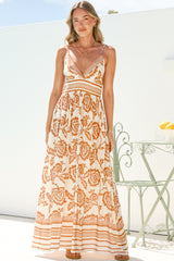 Aviva Maxi Dress - V Neck Smocked Bodice A-Line Dress with Adjustable Straps in Tamari Print